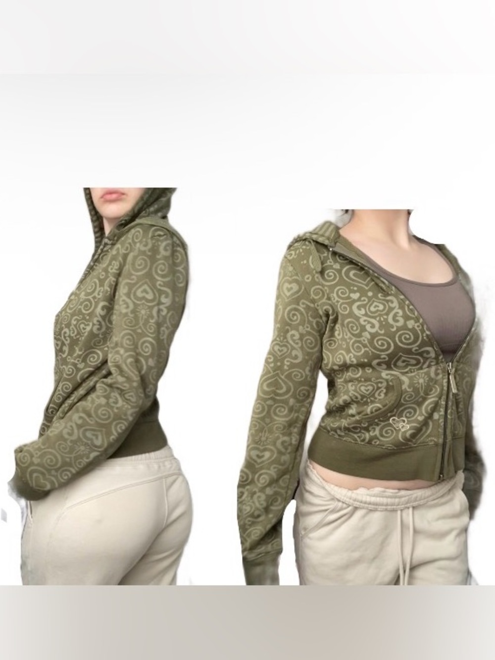 Small Green Zip-Up Hoodie with Swirl Heart Print